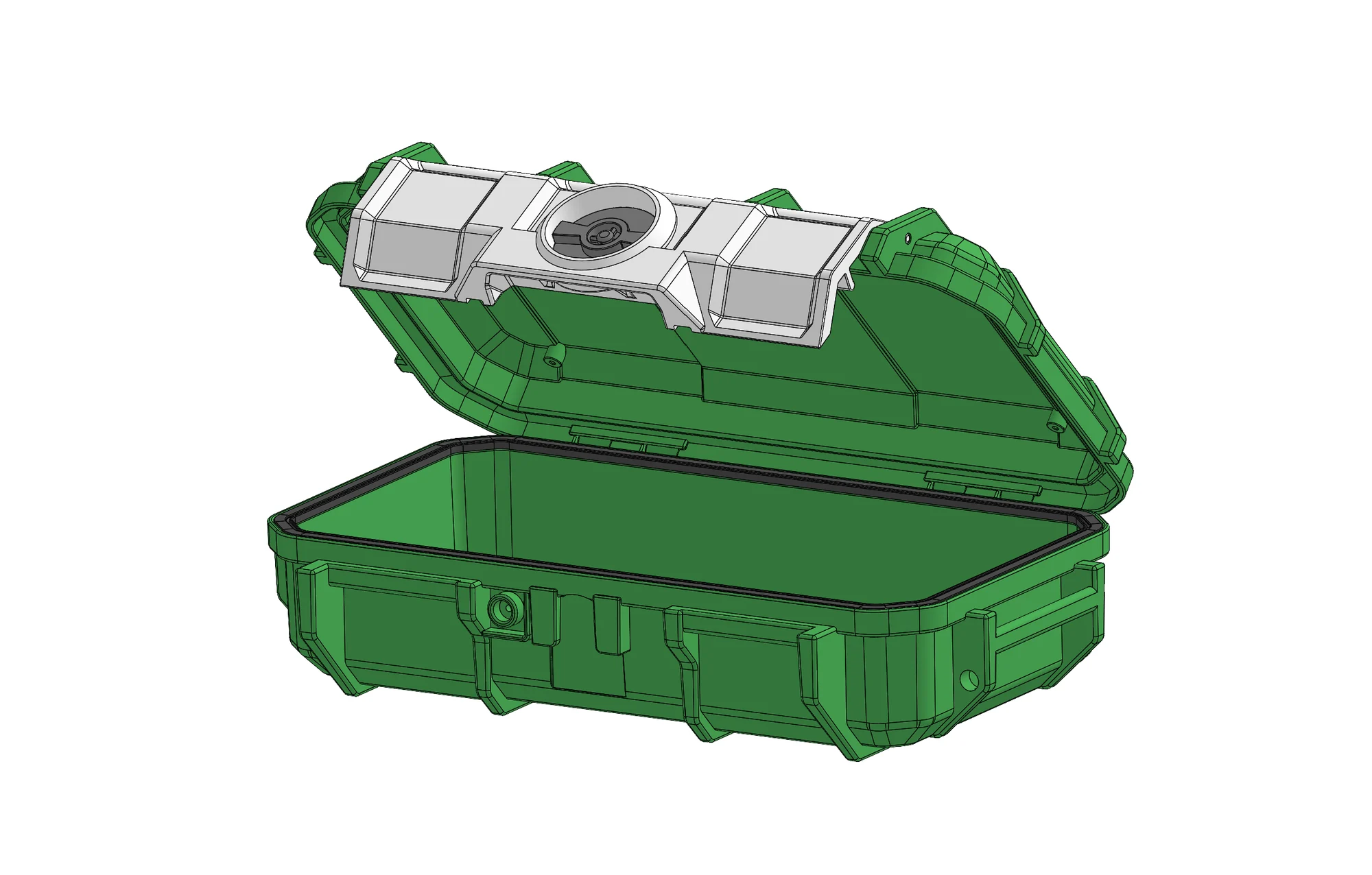 Solid CAD render — open, lid raised