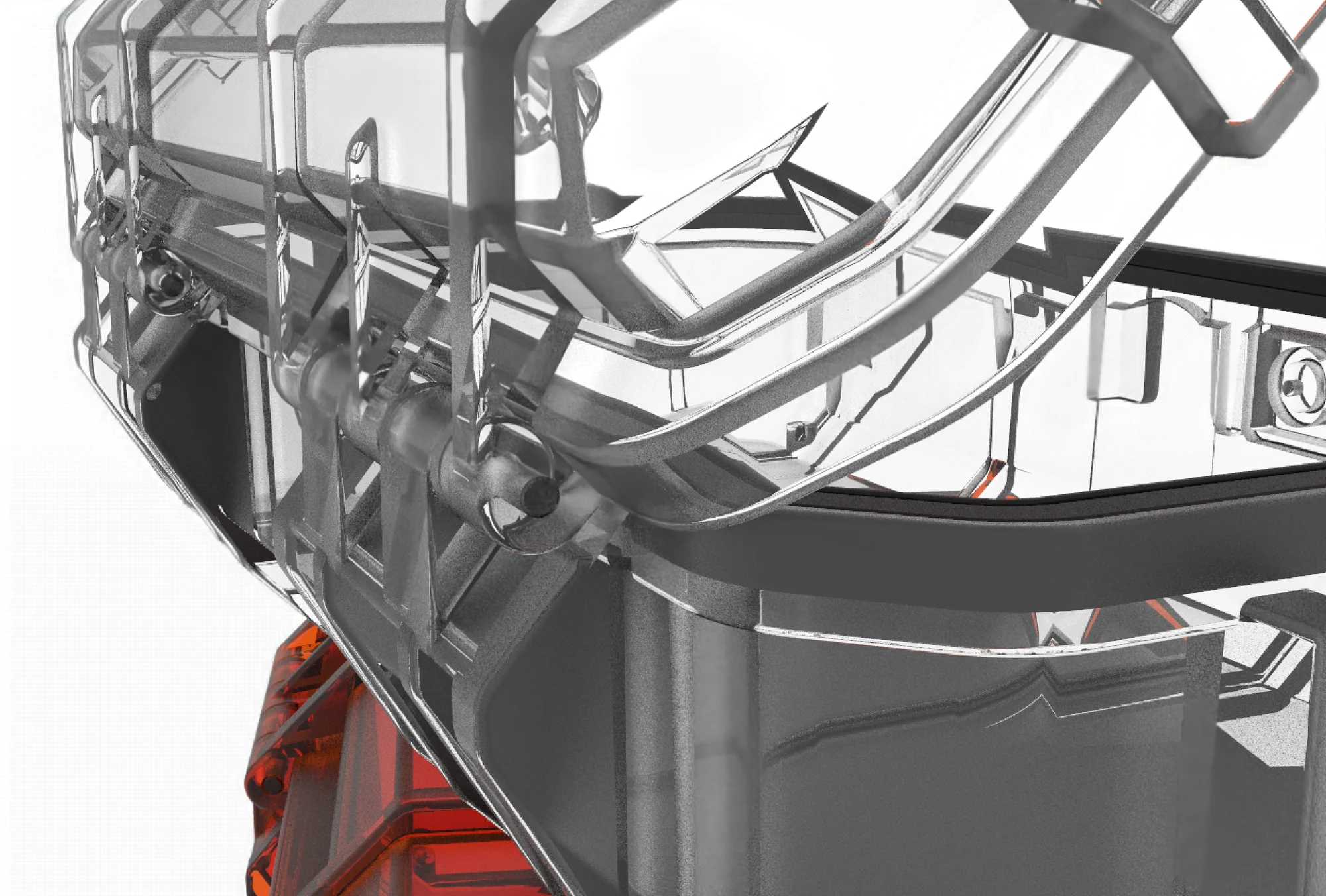 CAD wireframe macro study of the latch and hinge mechanism
