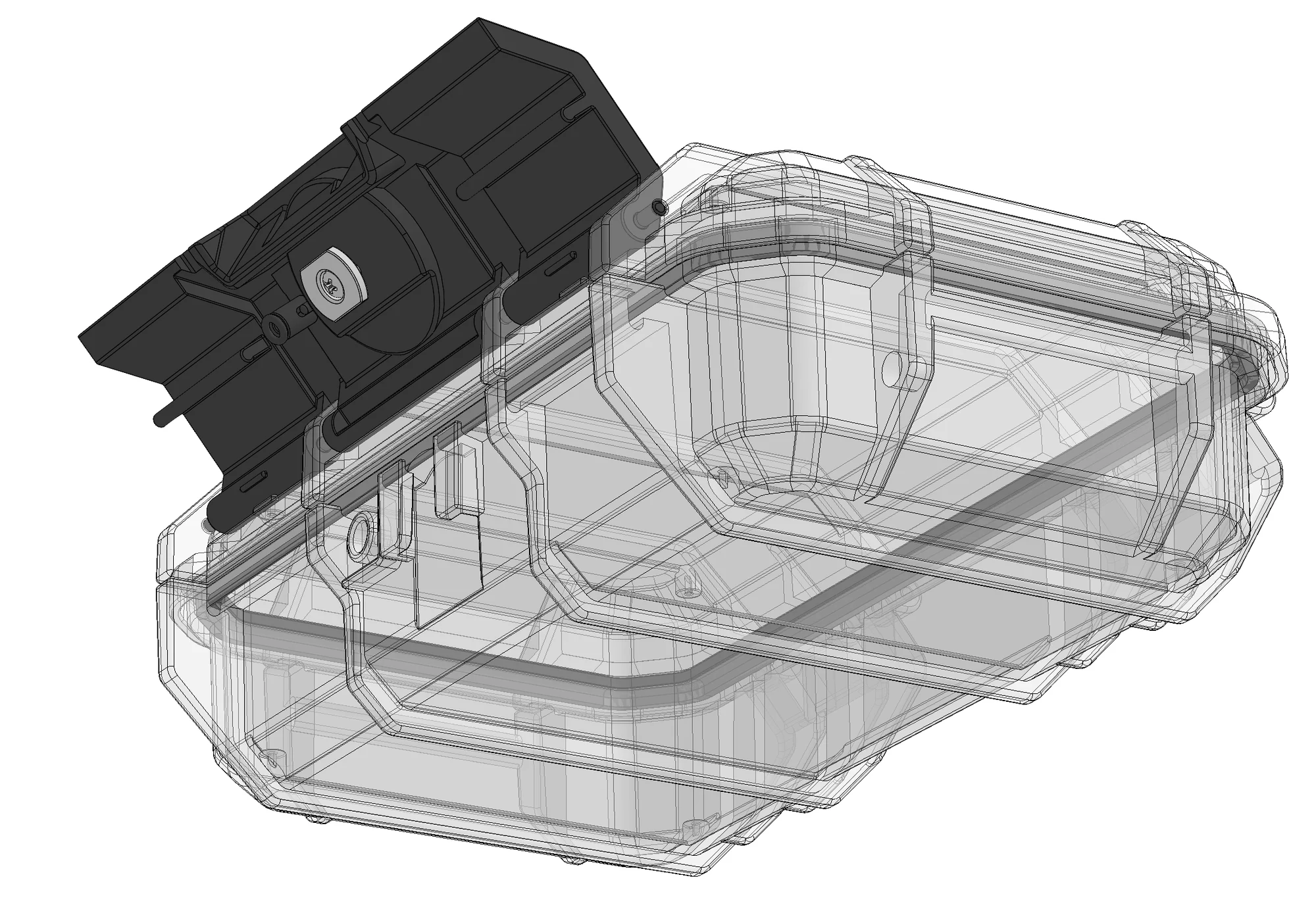 CAD wireframe — open shell, latch assembly