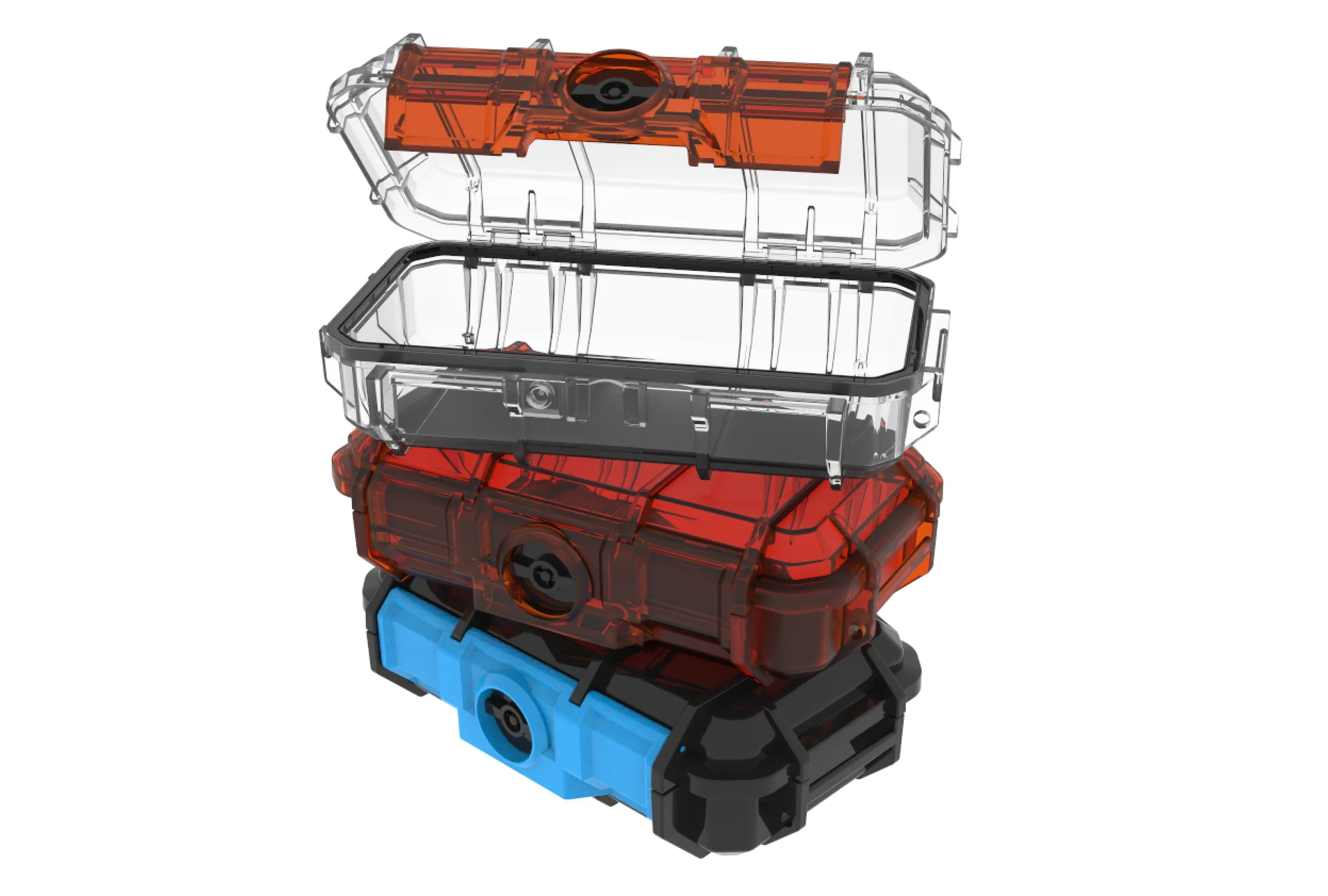 Veron case shown in clear, red, orange and blue colourways stacked