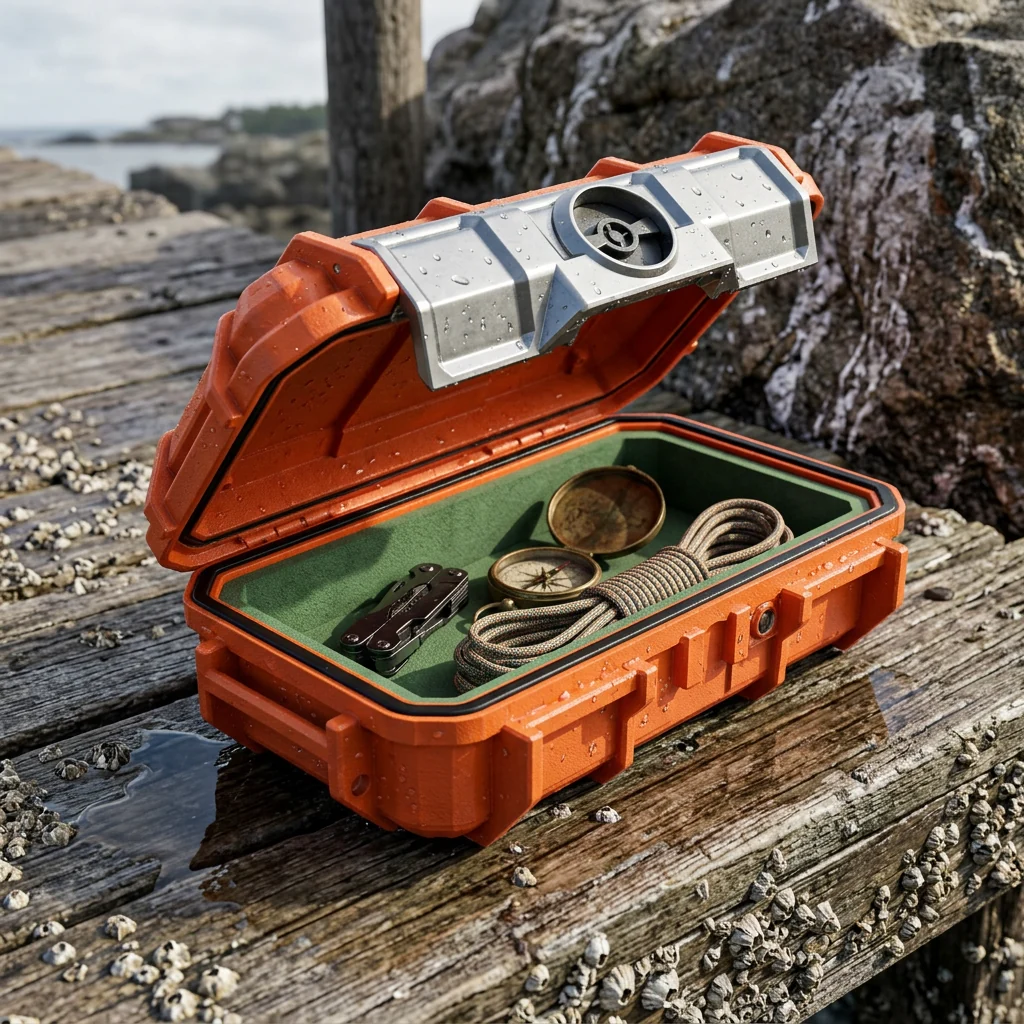 Veron All-Weather Rugged Case open on a weathered pier, ocean behind
